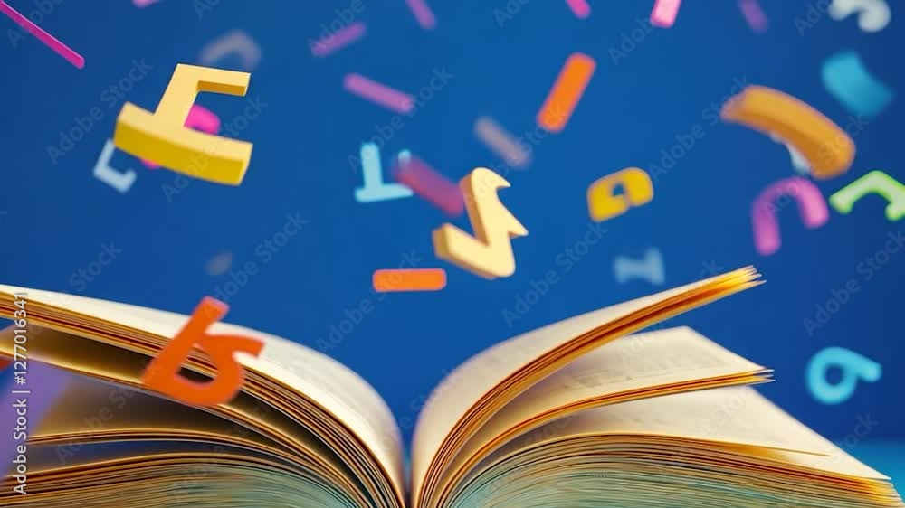 an open book with colorful floating letters bursting out, symbolizing creativity, knowledge