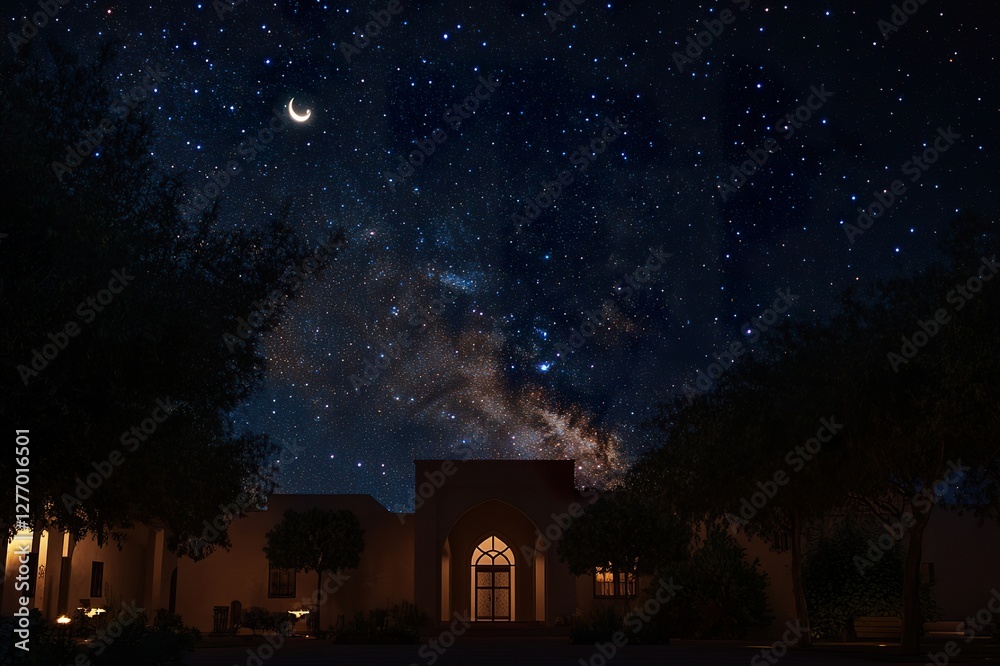 Fototapeta premium ApeacefulRamadaneveningscenewithstarstwinklingaboveandafaintcrescentmoon,representingtheholymonth'sarrival