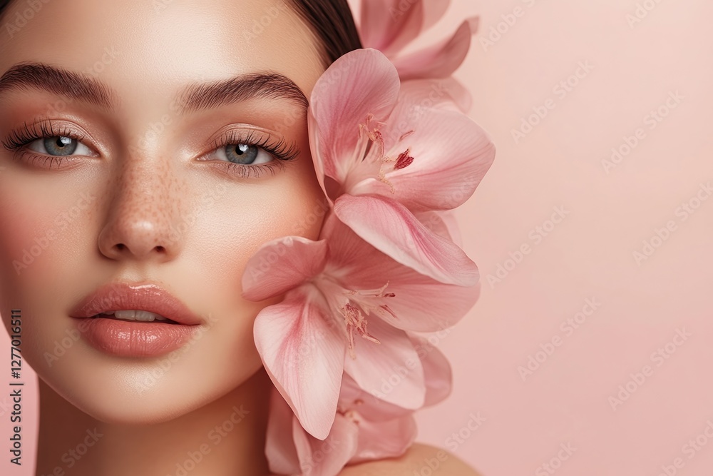 Beauty portrait featuring a woman with soft makeup and pink flowers against a pastel background Beauty portrait featuring a woman with soft makeup and pink flowers against a pastel background