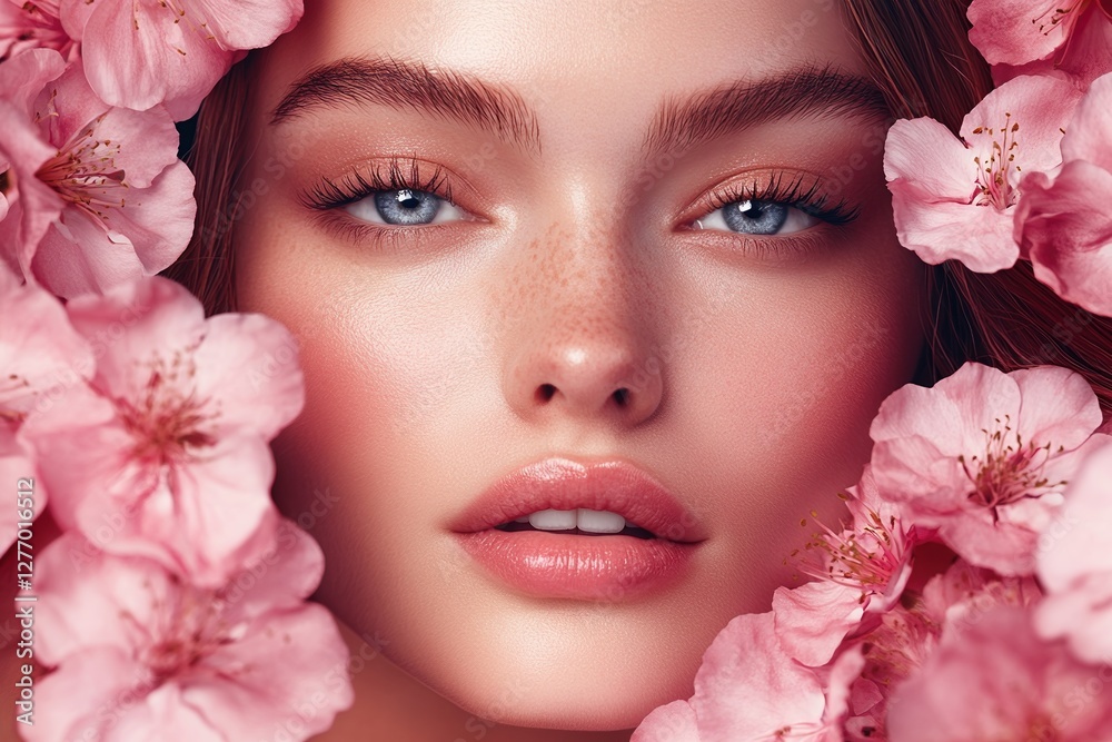 Beauty portrait with vibrant flowers accentuating soft features and natural aesthetics