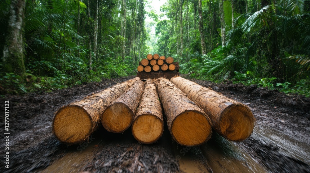 An artistic view of neatly stacked logs on a forest dirt pathway, enveloped by greenery, showcasing the raw beauty of untouched nature and human interaction with it. An artistic view of neatly stacked logs on a forest dirt pathway, enveloped by greenery, showcasing the raw beauty of untouched nature and human interaction with it.