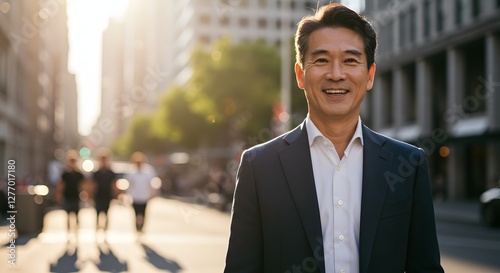 A handsome happy man wearing a full business suit, standing in the city, sunshine, with a little bit of blurred background with side copy space