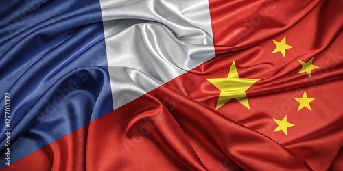 French and Chinese National Flags Side by Side on Silky Fabric