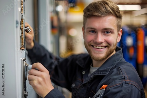 Close-up of a joyful young man using a wireless screwdriver to install a door lock