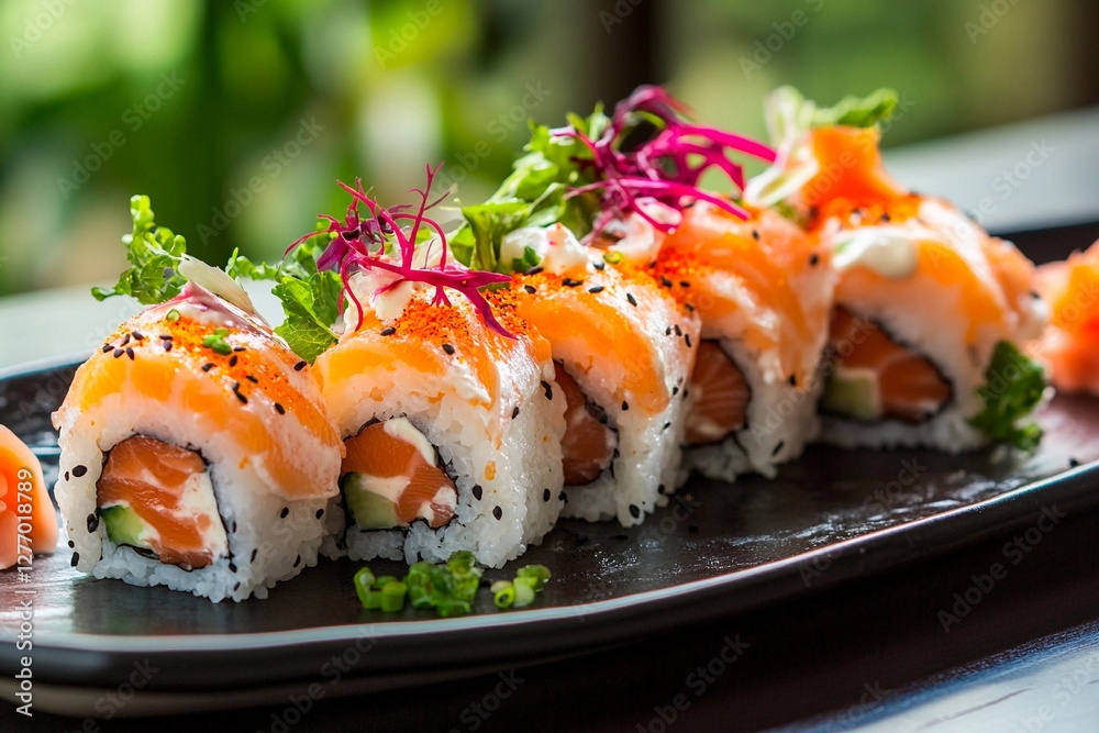 Divine sushi rolls filled with fresh salmon and vegetables in a serene dining setting Divine sushi rolls filled with fresh salmon and vegetables in a serene dining setting