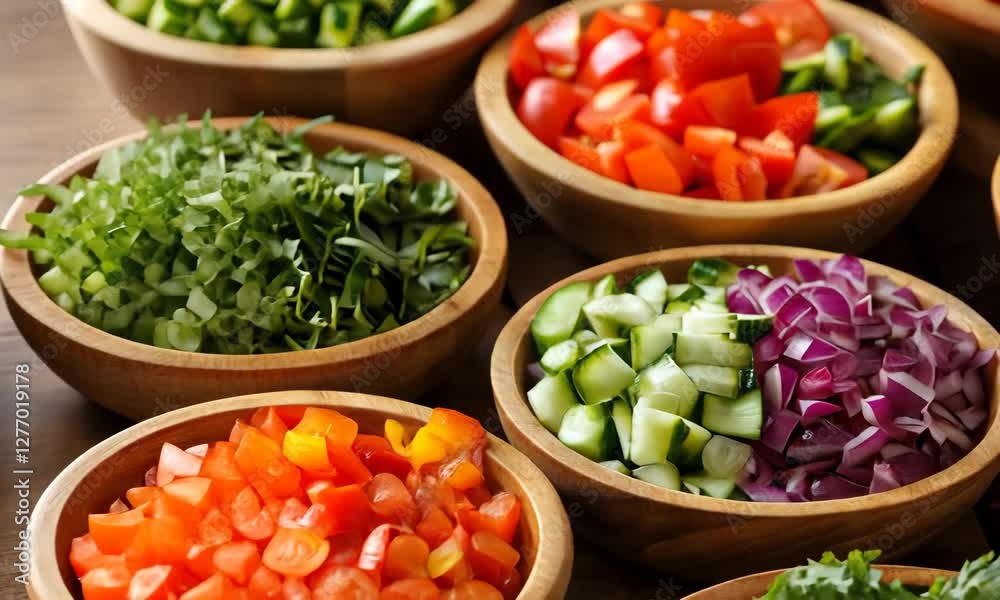 An eye-catching display of colorful chopped vegetables in various wooden bowls, showcasing freshness and health along with the beauty of healthy eating and vibrant cuisine. An eye-catching display of colorful chopped vegetables in various wooden bowls, showcasing freshness and health along with the beauty of healthy eating and vibrant cuisine.