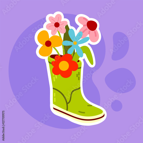A cute sticker of a green rubber boot filled with colorful flowers. Great for seasonal greeting cards, digital decor, and nature-themed projects.