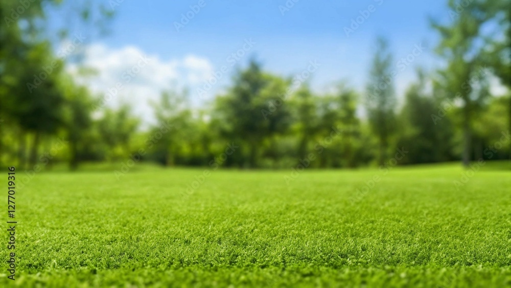 Lush Green Grass with Blurred Trees and Blue Sky in the Background
Lush Green Grass with Blurred Trees and Blue Sky in the Background