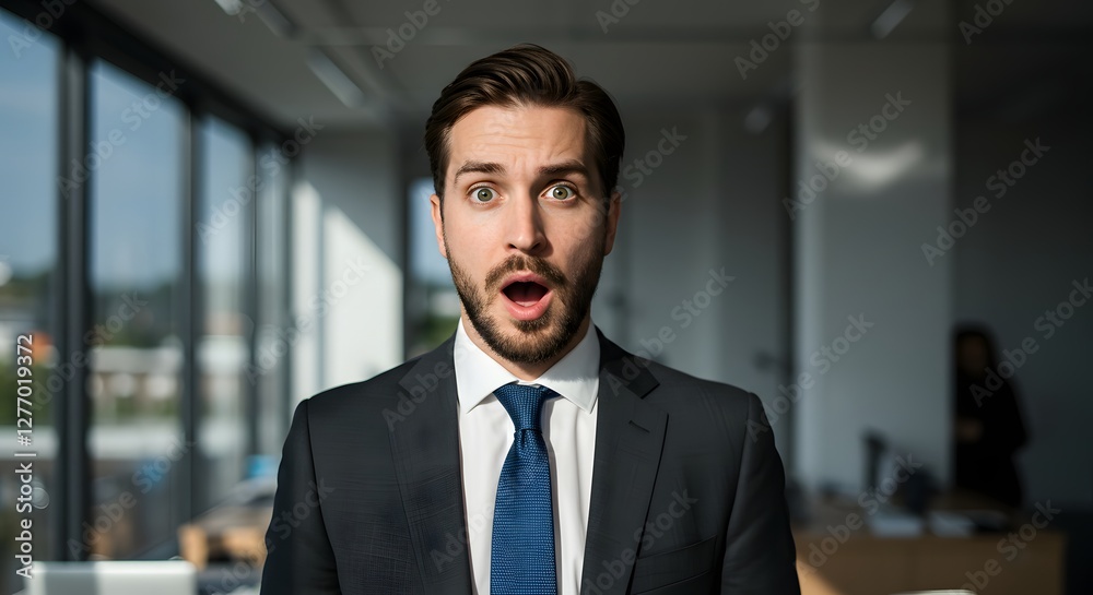 Fototapeta premium A handsome happy man wearing a full business suit, a surprised face, standing in the office, sunshine, with a little bit blur background with side copy space