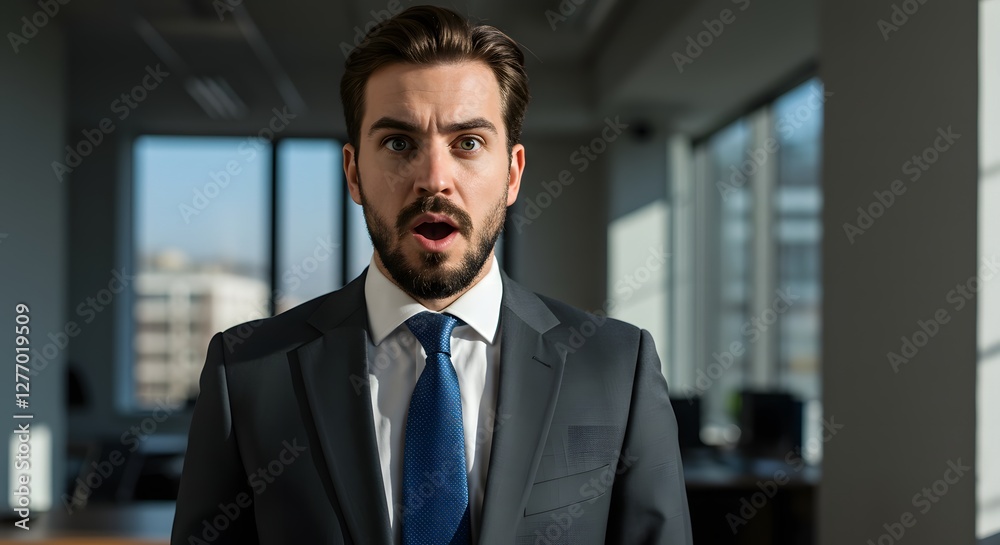 Fototapeta premium A handsome happy man wearing a full business suit, a surprised face, standing in the office, sunshine, with a little bit blur background with side copy space