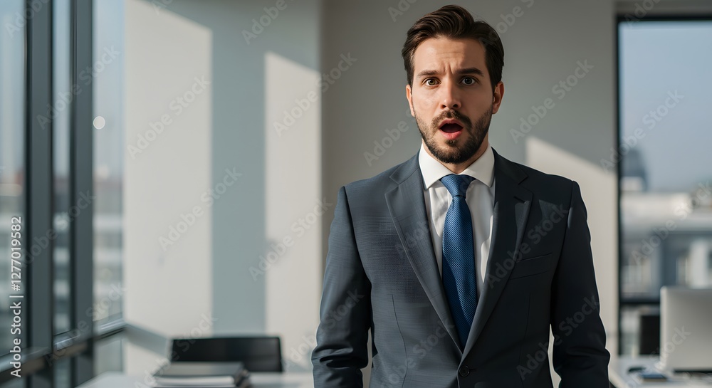 A handsome happy man wearing a full business suit, a surprised face, standing in the office, sunshine, with a little bit blur background with side copy space A handsome happy man wearing a full business suit, a surprised face, standing in the office, sunshine, with a little bit blur background with side copy space