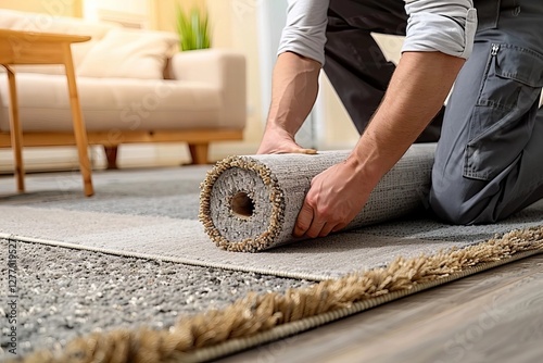 Craftsman in Overalls Unrolling Carpet on the Floor from a Bird's Eye View
