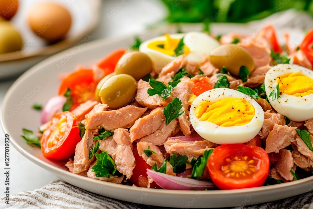 Fresh and colorful salad with tuna and hard-boiled eggs prepared for a summer gathering Fresh and colorful salad with tuna and hard-boiled eggs prepared for a summer gathering