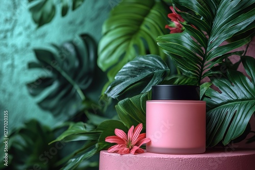 Elegant pink cream jar positioned among lush green leaves and flowers in a soothing setting