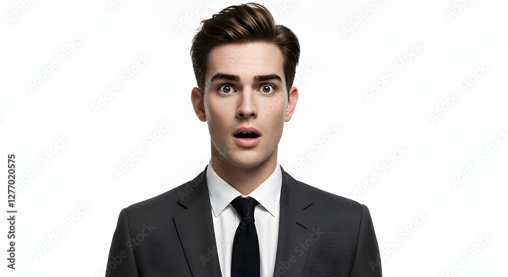 A handsome happy man wearing a full business suit, surprised face, isolated on a white background, side copy space A handsome happy man wearing a full business suit, surprised face, isolated on a white background, side copy space