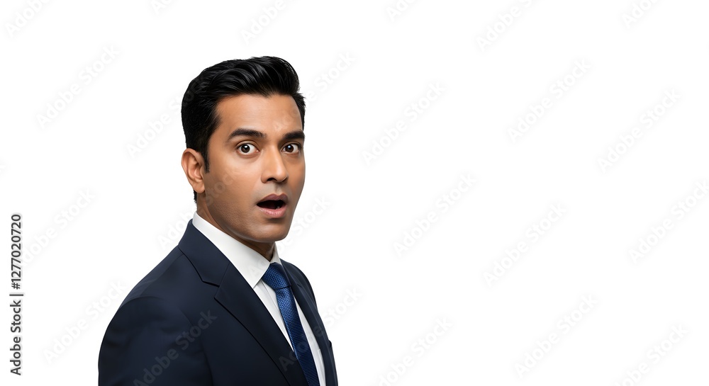 A handsome happy man wearing a full business suit, surprised face, isolated on a white background, side copy space A handsome happy man wearing a full business suit, surprised face, isolated on a white background, side copy space