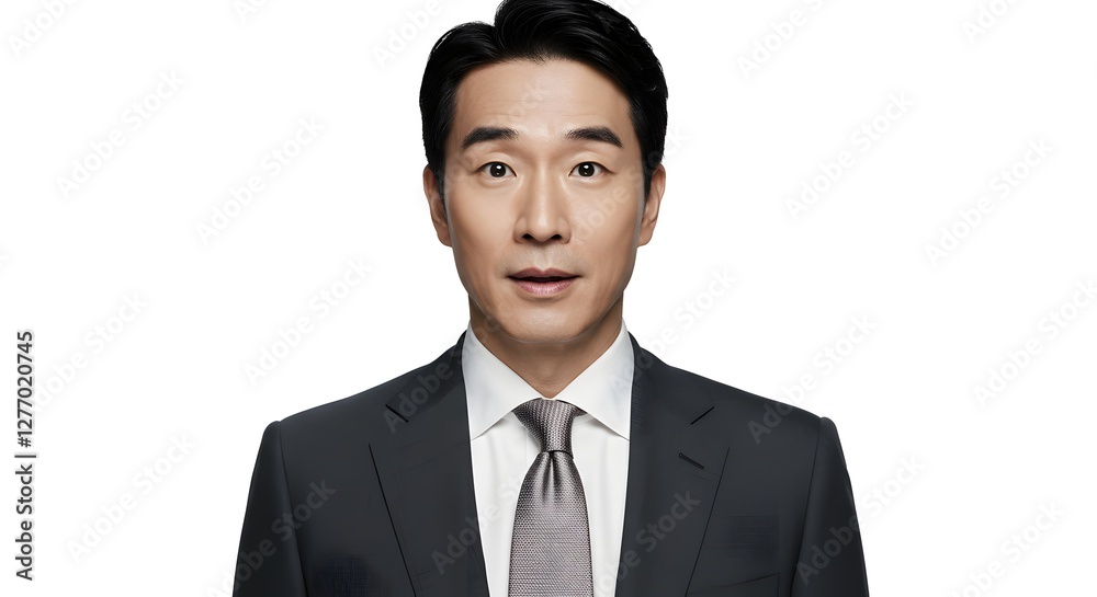 A handsome happy man wearing a full business suit, surprised face, isolated on a white background, side copy space A handsome happy man wearing a full business suit, surprised face, isolated on a white background, side copy space