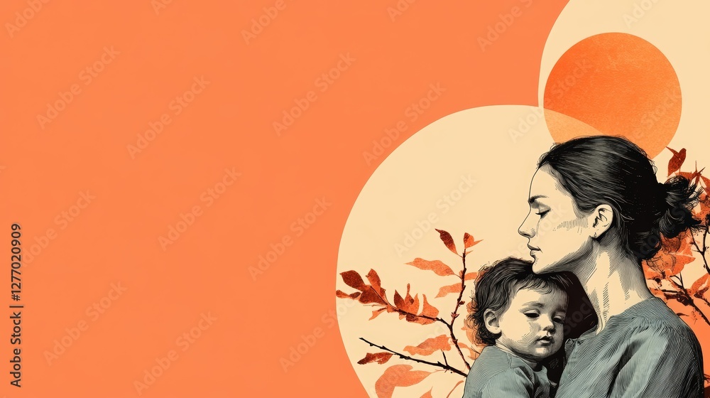 Heartwarming mother and child embrace with nature elements for calming spaces Heartwarming mother and child embrace with nature elements for calming spaces