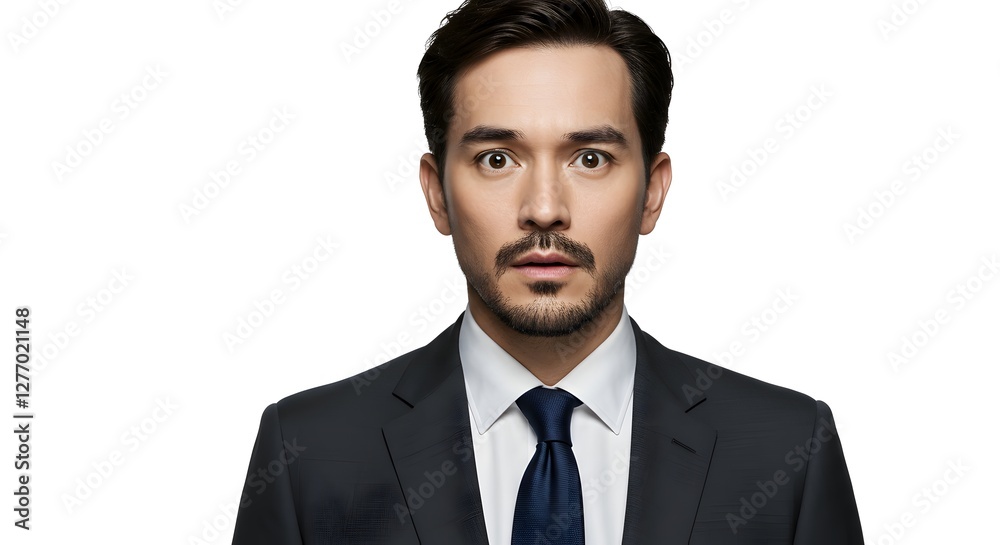 A handsome happy man wearing a full business suit, surprised face, isolated on a white background, side copy space A handsome happy man wearing a full business suit, surprised face, isolated on a white background, side copy space