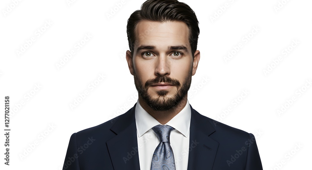 A handsome happy man wearing a full business suit, surprised face, isolated on a white background, side copy space A handsome happy man wearing a full business suit, surprised face, isolated on a white background, side copy space