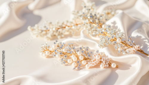Spring Wedding Expo - Delicate bridal hairpins with pearls and crystals arranged on soft silk fabric illuminated by gentle sunlight