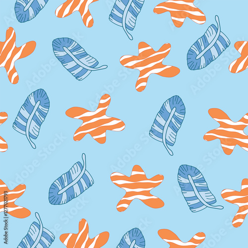 starfishes, blue leaves blue colored seamless pattern. starfish, blue leaves on sky bluish background seamless pattern. It is suitable for fabric, textile, decorations, wrapping, tiles and more.
