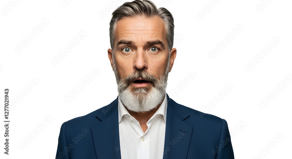 A handsome happy man wearing a full business suit, surprised face, isolated on a white background, side copy space A handsome happy man wearing a full business suit, surprised face, isolated on a white background, side copy space