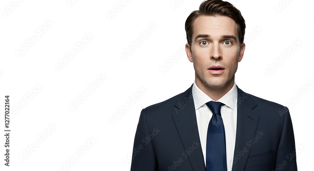 A handsome happy man wearing a full business suit, surprised face, isolated on a white background, side copy space A handsome happy man wearing a full business suit, surprised face, isolated on a white background, side copy space