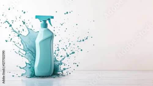 The turquoise spray bottle is actively splashing water in a dynamic fashion, showcasing its versatility for cleaning tasks and appealing design for household use. photo