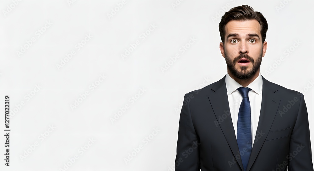 A handsome happy man wearing a full business suit, surprised face, isolated on a white background, side copy space A handsome happy man wearing a full business suit, surprised face, isolated on a white background, side copy space