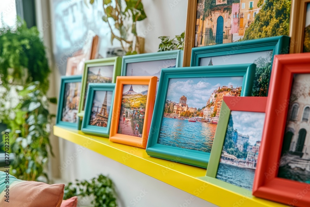 Obraz premium Brightly colored photo frames showcase travel memories on a shelf in a lively bohemian-style living room filled with green plants. The arrangement adds charm and warmth to the space