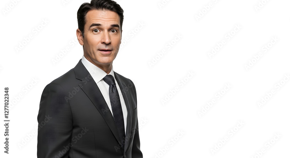 A handsome happy man wearing a full business suit, surprised face, isolated on a white background, side copy space A handsome happy man wearing a full business suit, surprised face, isolated on a white background, side copy space