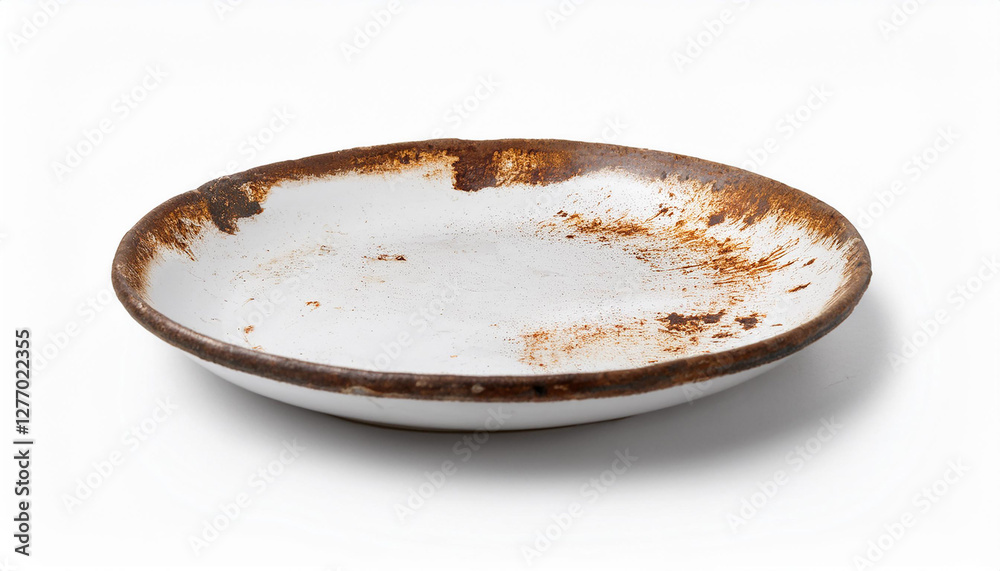 Fototapeta premium Old rusty metal plate isolated on white background. Dishware concept.