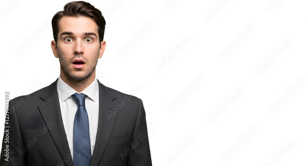 A handsome happy man wearing a full business suit, surprised face, isolated on a white background, side copy space A handsome happy man wearing a full business suit, surprised face, isolated on a white background, side copy space