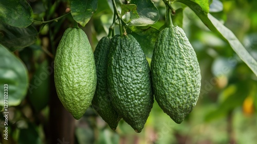 Three Green Finger Limes Hanging from a Branch