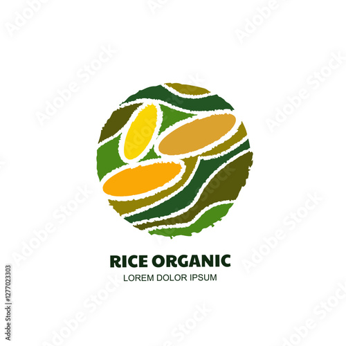 Rice logo sign emblem. Hand drawn rice fields and grain in circle shape. Vector esign for flour package, bread label