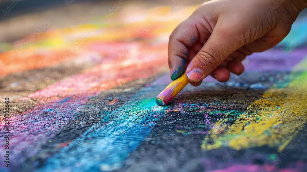 Close-up of a child's hand drawing with chalk. Selective focus