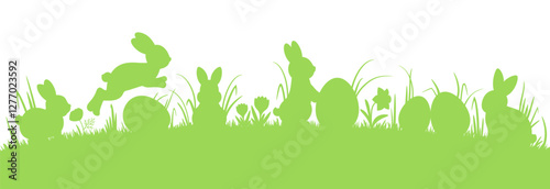 Cute spring rabbits on the meadow grass. Easter bunny and egg border. Springtime lawn silhouette. Fun animal characters in the nature. Vector frame design element egg hunt game holiday decoration.