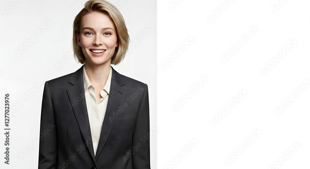 A beautiful happy woman wearing a full business suit, surprised face, isolated on a white background, side copy space A beautiful happy woman wearing a full business suit, surprised face, isolated on a white background, side copy space