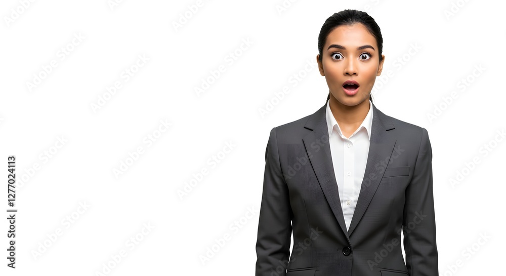 A beautiful happy woman wearing a full business suit, surprised face, isolated on a white background, side copy space A beautiful happy woman wearing a full business suit, surprised face, isolated on a white background, side copy space