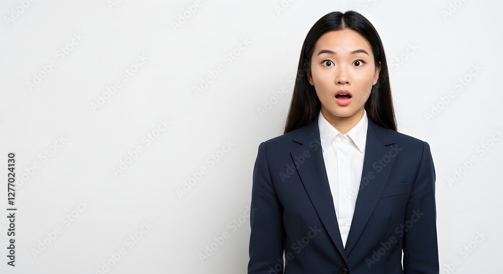 A beautiful happy woman wearing a full business suit, surprised face, isolated on a white background, side copy space A beautiful happy woman wearing a full business suit, surprised face, isolated on a white background, side copy space