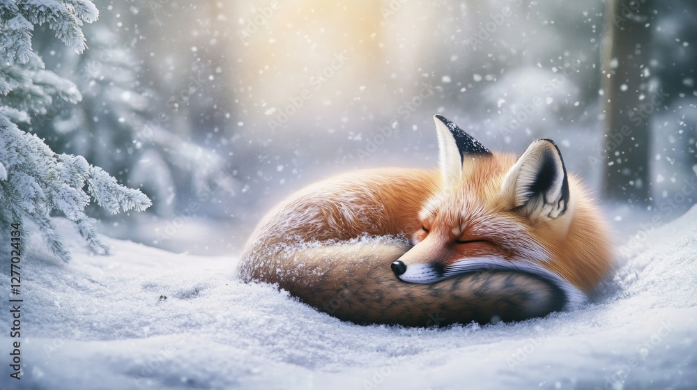 Obraz premium Peaceful Red Fox Nestled in Soft Snow During Winter Wonderland Scene