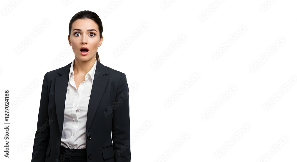 A beautiful happy woman wearing a full business suit, surprised face, isolated on a white background, side copy space A beautiful happy woman wearing a full business suit, surprised face, isolated on a white background, side copy space