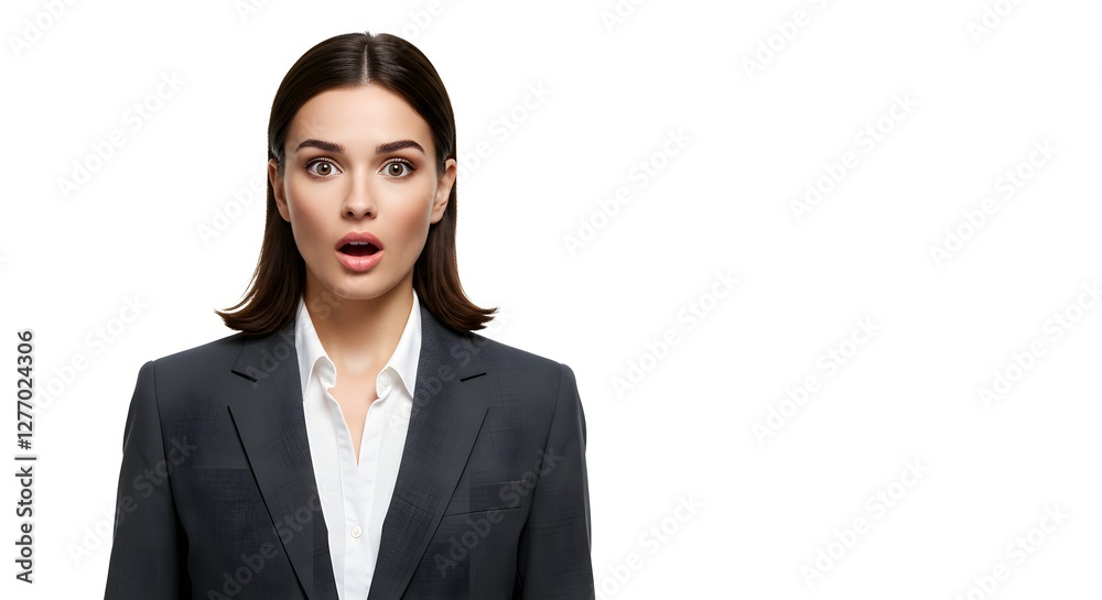 A beautiful happy woman wearing a full business suit, surprised face, isolated on a white background, side copy space A beautiful happy woman wearing a full business suit, surprised face, isolated on a white background, side copy space