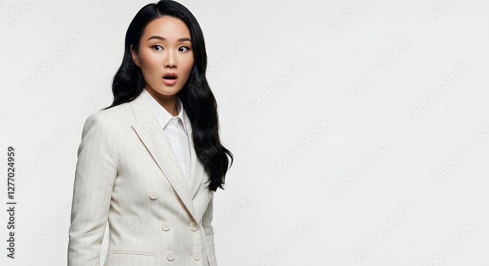 A beautiful happy woman wearing a full business suit, surprised face, isolated on a white background, side copy space A beautiful happy woman wearing a full business suit, surprised face, isolated on a white background, side copy space