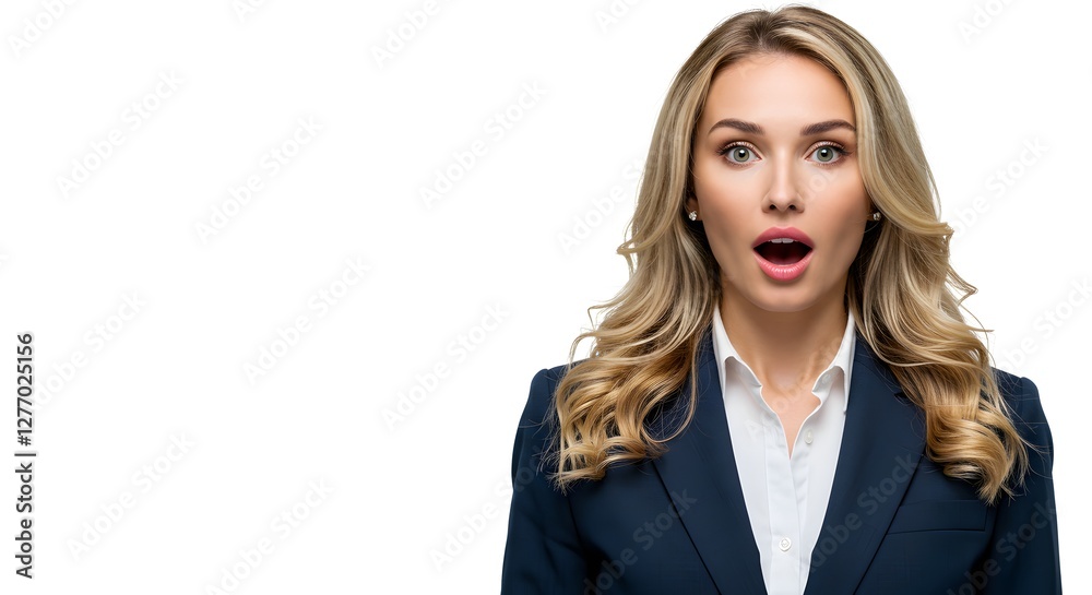 A beautiful happy woman wearing a full business suit, surprised face, isolated on a white background, side copy space A beautiful happy woman wearing a full business suit, surprised face, isolated on a white background, side copy space