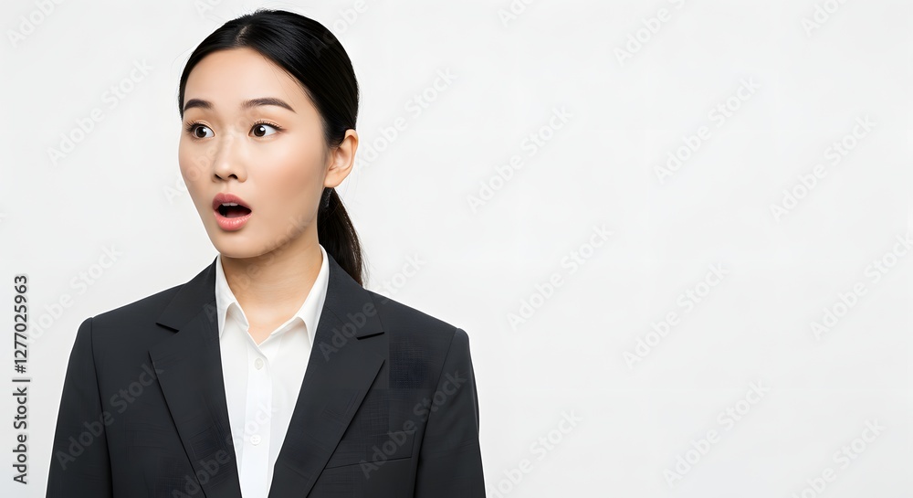 A beautiful happy woman wearing a full business suit, surprised face, isolated on a white background, side copy space A beautiful happy woman wearing a full business suit, surprised face, isolated on a white background, side copy space