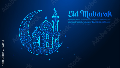 Eid Mubarak Celebration: A Stunning Low-Poly Digital Illustration of a Glowing Crescent Moon, Star, and Mosque on a Night Sky Background for Festive Greetings