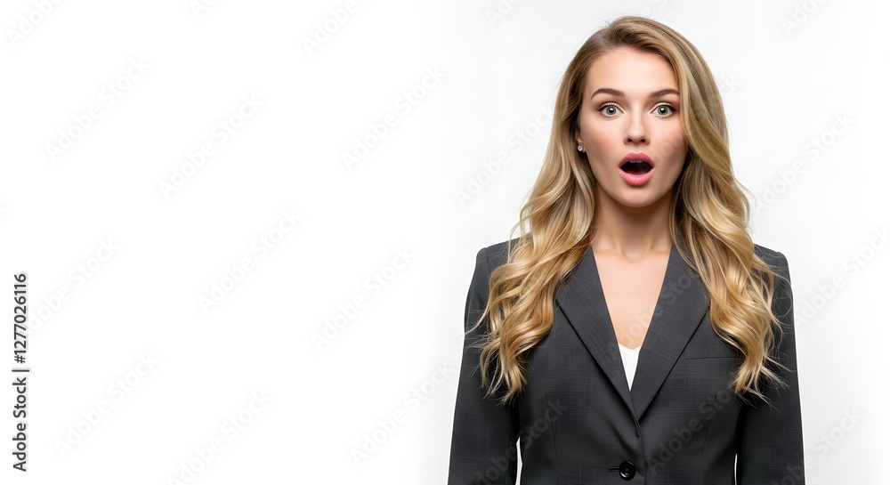 A beautiful happy woman wearing a full business suit, surprised face, isolated on a white background, side copy space A beautiful happy woman wearing a full business suit, surprised face, isolated on a white background, side copy space