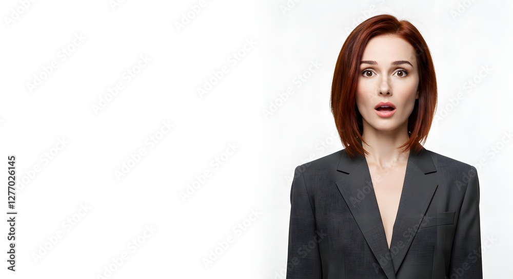A beautiful happy woman wearing a full business suit, surprised face, isolated on a white background, side copy space A beautiful happy woman wearing a full business suit, surprised face, isolated on a white background, side copy space